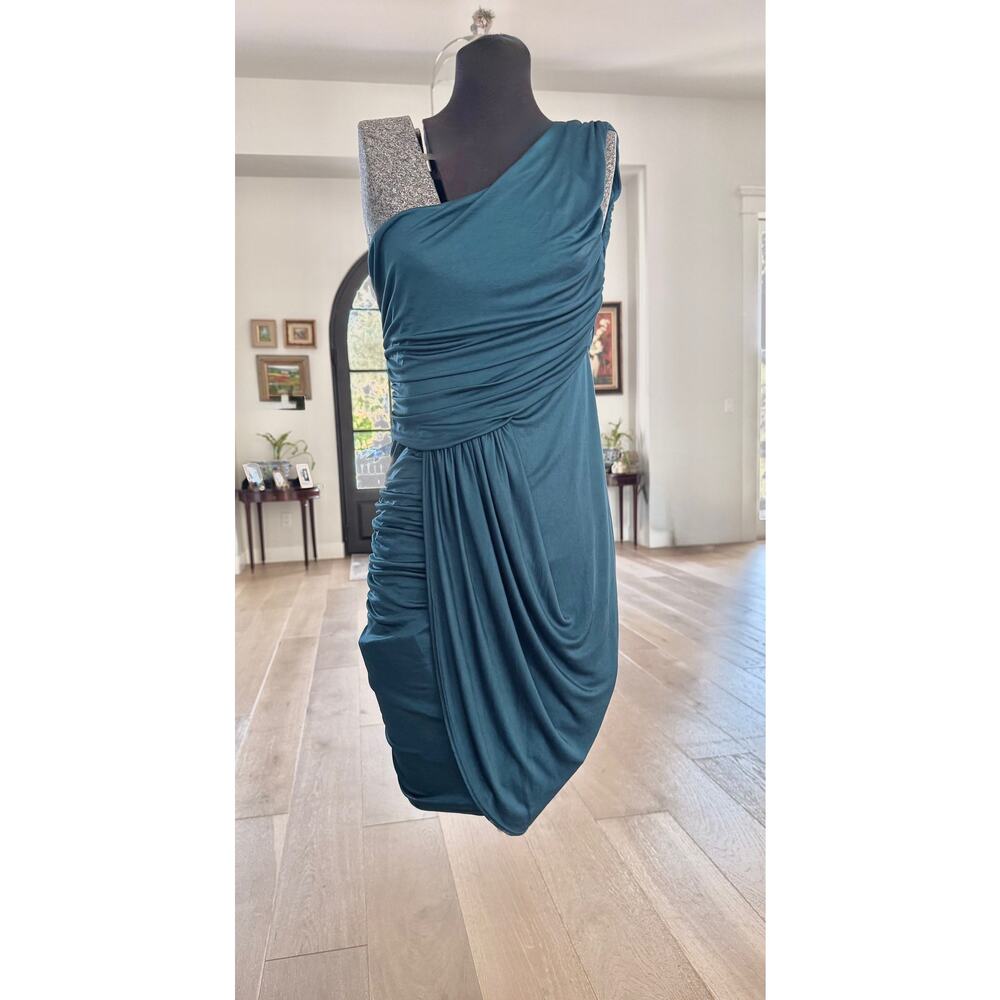 Akira Black Label Dress Sz S One Shoulder Green Grecian Ruched Mini Cocktail